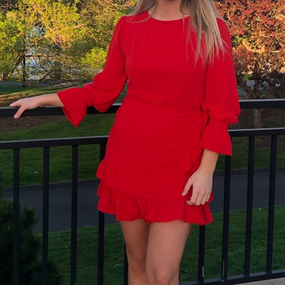 Red Ruffle Wrap Dress - Picture 2 of 3